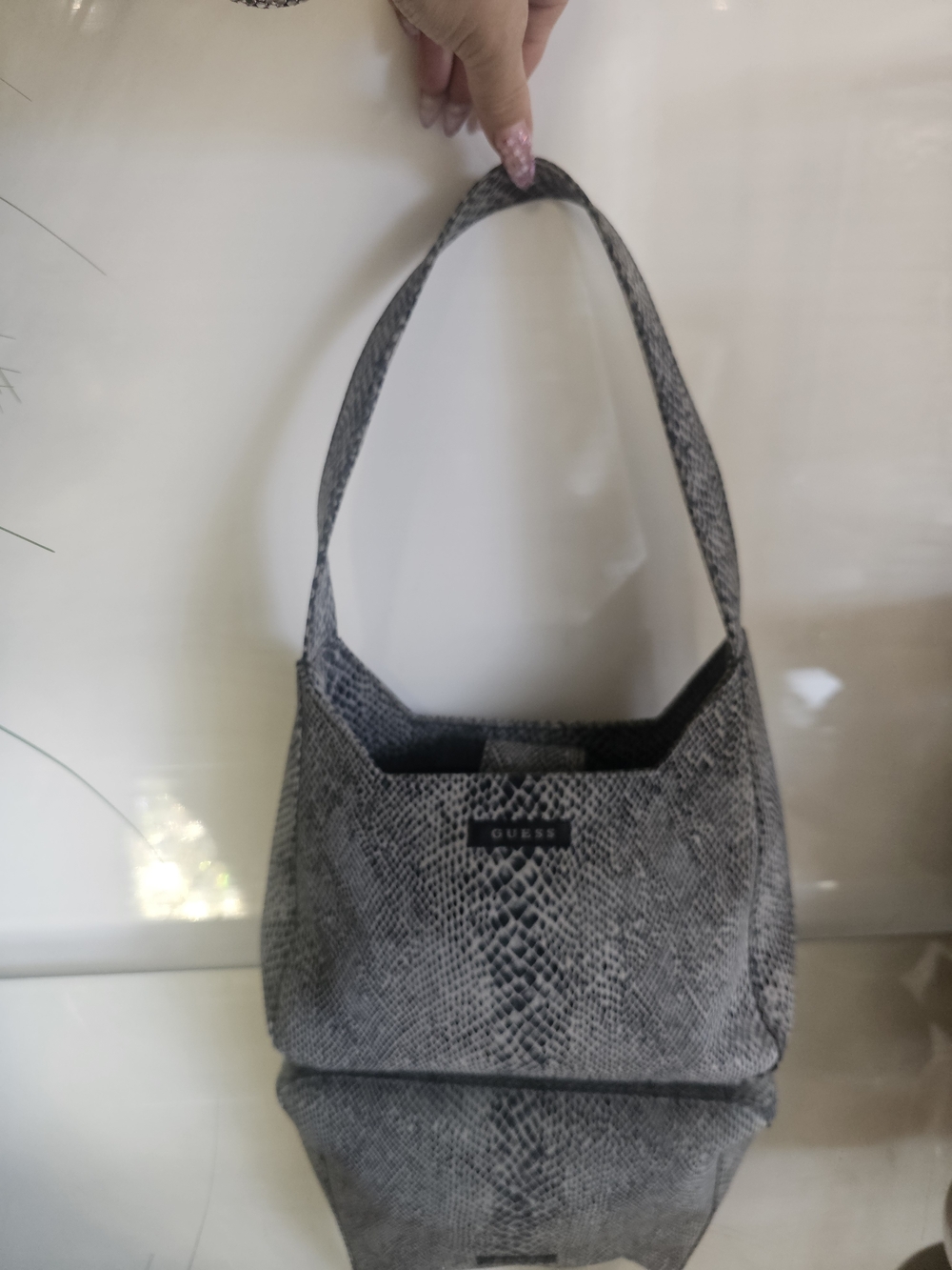 GUESS Gray Snake-Print Canvas Shoulder Bag